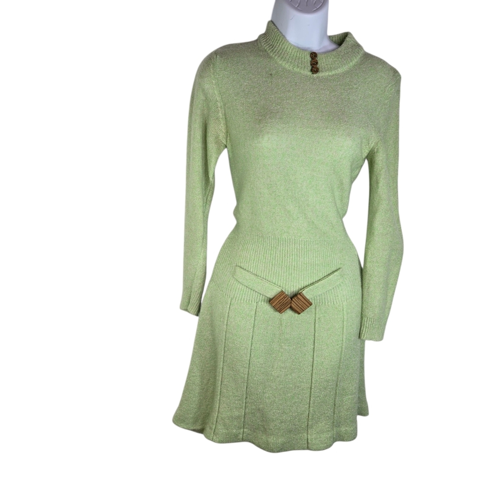 Vintage 70s Light Green Knit Sweater Dress, Mod GoGo Acrylic, Belted - Picture 3 of 10